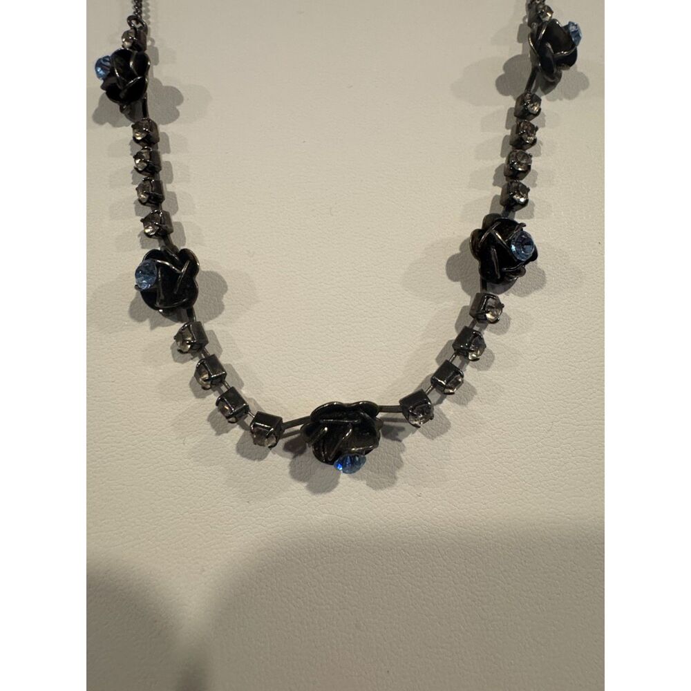 Vintage Gunmetal Rose & Blue Rhinestone Goth Revival Choker Necklace